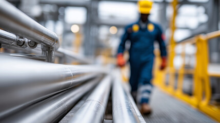 Close up Defocused maintenance worker navigating while sharp detailed hazardous environment with pipes remains clear, with copy space