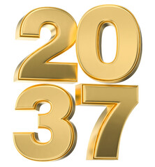 Shiny golden metallic numbers forming the date 2037 in detailed high-resolution 3D rendering.
