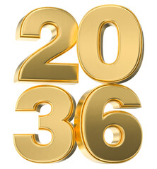 3D rendered 2036 numbers in gleaming reflective gold, symbolizing the future, success, and luxurious anniversaries.