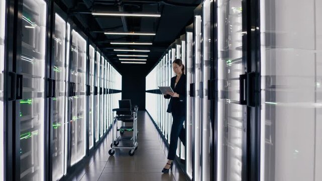 professional woman monitors servers and manages data center efficiently, female it administrator skillfully inspects server racks amidst cooling vents and security - Powered by Adobe
