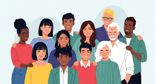 Diverse group of happy people standing together, representing community and unity.