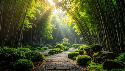 Stone path winds through vibrant bamboo forest under sunlit canopy