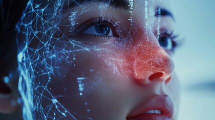 Stunning close-up of a human face integrated with futuristic digital neural network, symbolizing AI and technological advancement