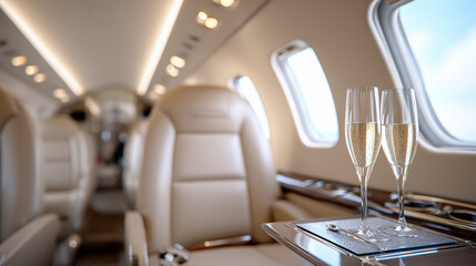 Naklejka premium Close up ultra-realistic photo of luxury private jet interior, daylight through windows, beige leather seats, champagne glasses on small table, soft lighting, cinematic composition