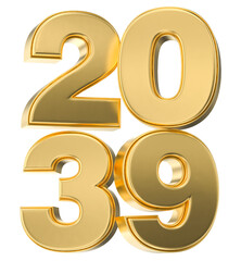 Luxurious golden 3D digits forming the year 2039, symbolizing future success, wealth, and milestones.
