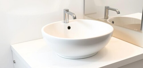 Fototapeta premium Sleek, minimalist white ceramic bathroom sink with chrome faucet, chrome faucet, bathroom fixture
