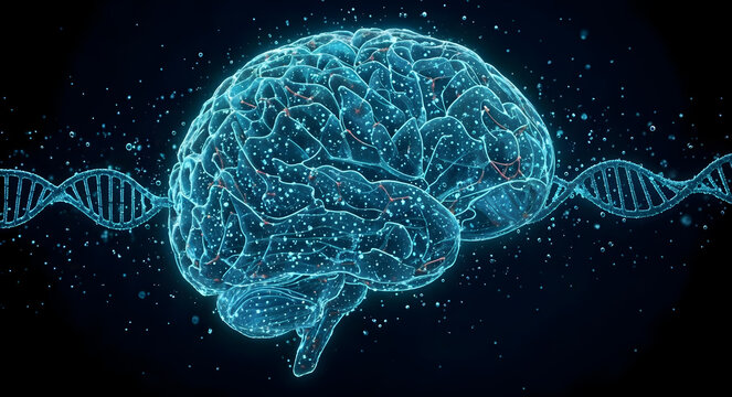 Biotechnology neural brain made of genetic code and circuits, science innovation, 3d art