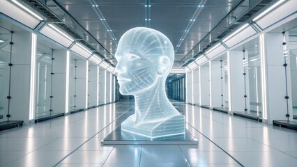 A futuristic digital sculpture of a human head, illuminated in a high-tech corridor, showcasing advanced technology and design.
