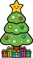 Cute Christmas tree with smiling star and gift boxes – holiday celebration cartoon