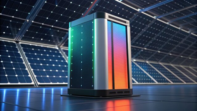 A sleek, modern device with colorful lights, surrounded by solar panels, suggesting innovation in renewable energy technology.