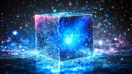 Stunning glowing cube of digital particles radiates vibrant blue energy against a dark bokeh background, symbolizing innovation and future technology