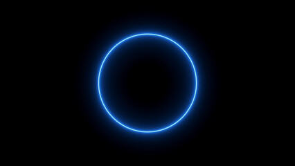 Glowing blue neon circle on a black background Keywords: blue, neon, circle, ring, glowing, light, luminous, electric, energy, abstract, futuristic, modern, dark, black, background, shape, round