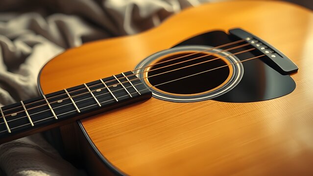 strumming. Acoustic guitar on soft surface with warm lighting highlighting natural wood textures, tutorial guides, club newsletters, designed for sports & leisure club marketing.