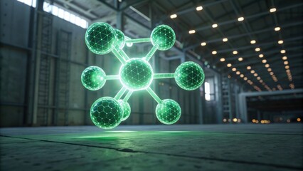 A glowing molecular structure rendered in green light, set against an industrial backdrop, emphasizing science and technology themes.