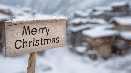 Close-up of a wooden sign with the words "merry christmas" written on it. the sign is attached to a wooden pole and is covered in snow.