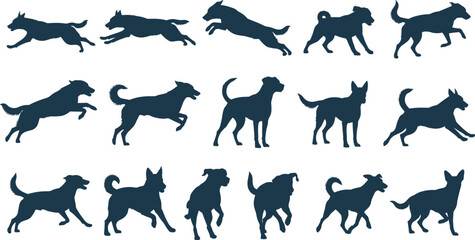 Dog silhouette collection, dynamic pet poses, running and jumping actions, canine motion graphics, highlighted figure design, flat vector illustration