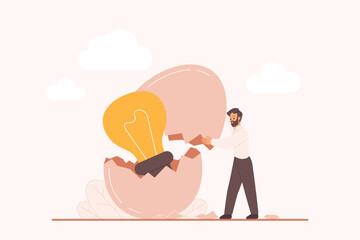 New business startup, creative invention and brand project innovation, idea incubator. Tiny businessman opening cracked egg shell to find light bulb, smart solution inside cartoon vector illustration