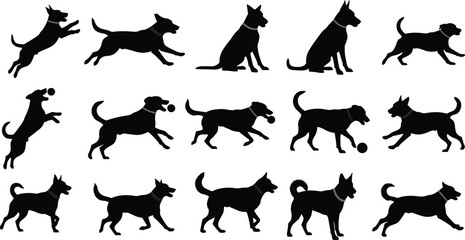 Dog silhouette collection, playful pet poses, canine motion icons, animal activity graphics, ball interaction figures, flat vector illustration