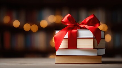 Stack of three books with a red ribbon tied in a bow on top. the books are arranged in a neat stack, with the top book slightly tilted to the side.