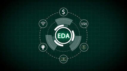 Central EDA concept with surrounding icons representing data analysis business and technology on a green grid background