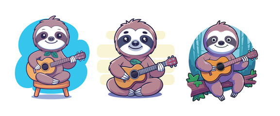Three adorable cartoon sloths strumming ukulele songs, perfect for music education and children's books, evokes happiness and playful creativity