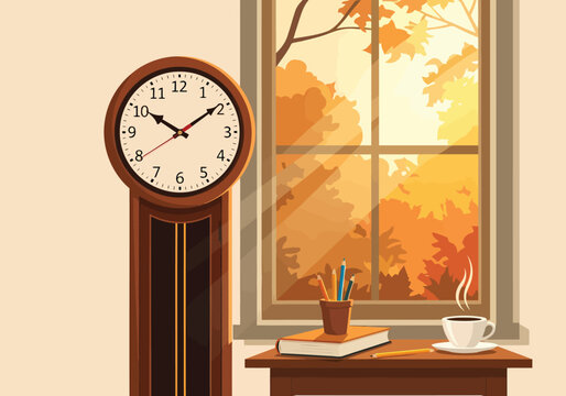 This vector illustration captures a peaceful reading environment during the transition to standard time