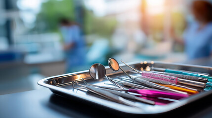 Close up of dental tools on tray no faces or hands visible instrument collection dentistry equipment examination tools professional instruments sterilized tools dental