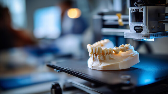 3D printed dental model no people visible additive manufacturing dental 3D printing model production modern technology digital dentistry printed prosthesis 3D printer lab - Powered by Adobe