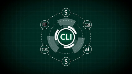 Command Line Interface Technology Concept with Business Icons and Network Grid Keywords: CLI, command line interface, technology, computer, network, grid, digital, data, communication, business