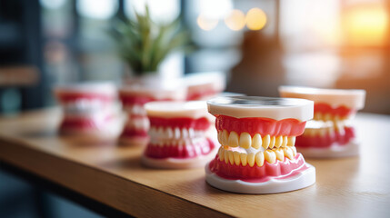 Overhead view of multiple tooth models on table no faces visible dental models collection educational tools anatomy demonstrations teaching aids tooth structures