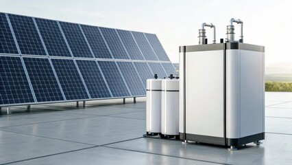 A modern renewable energy setup featuring solar panels and energy storage systems on a rooftop.
