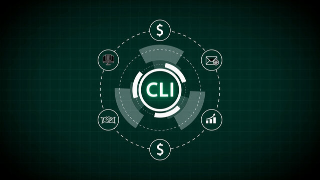 Command Line Interface Technology Concept with Business Icons and Network Grid Keywords: CLI, command line interface, technology, computer, network, grid, digital, data, communication, business