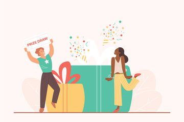 Prize draw in contest and lottery, casino raffle, giveaway reward, gift and bonus. Tiny man holding card with Prize draw text, lucky people win surprise present boxes cartoon vector illustration