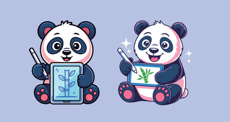 Adorable pandas happily creating digital art with styluses and tablets, showcasing creativity and joy in a modern artistic style.