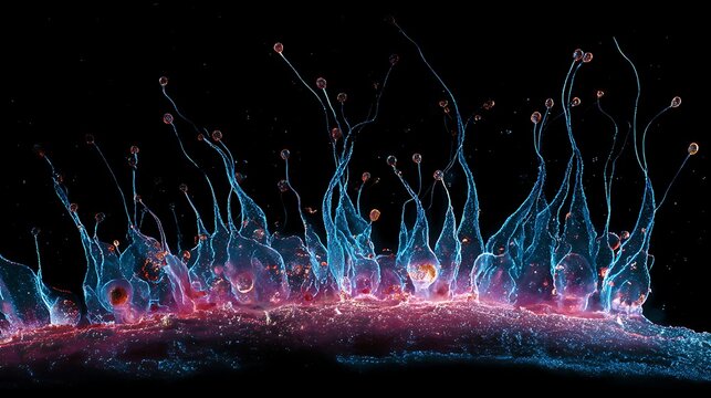 Fungal spore heads glow blue&ndash;pink under a fluorescent microscope.