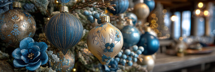 christmas tree decorations in blue