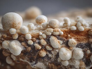 Mold growth on stale bread, white fluffy structures appear covering the entire surface.