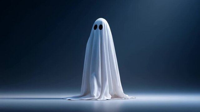 Spooky white ghost covered by a sheet slowly materializing in a dark and mysterious room. Halloween concept of a paranormal apparition appearing, a classic cute and funny horror character