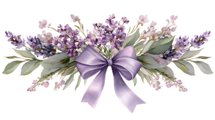Hand painted watercolor illustration of floral swag with lavender ribbon bow and purple flowers.