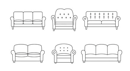 Line drawing of various sofa and armchair furniture arrangements