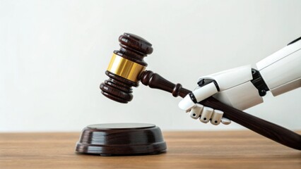 A robotic hand holds a gavel, symbolizing the intersection of technology and justice in a modern legal context.