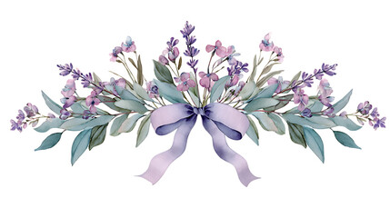 Hand painted watercolor illustration of floral swag with lavender ribbon bow and purple flowers.