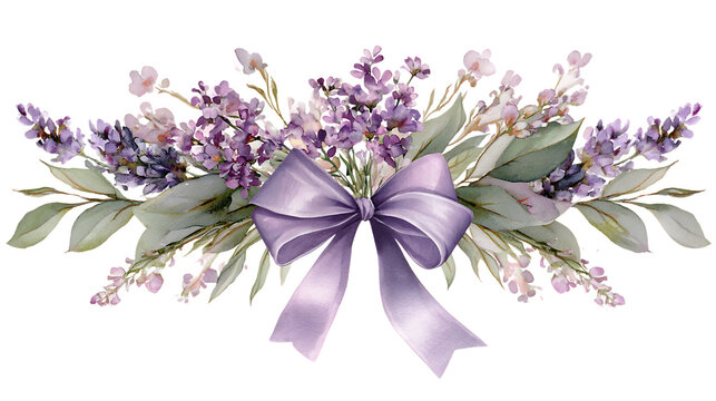 Hand painted watercolor illustration of floral swag with lavender ribbon bow and purple flowers.
