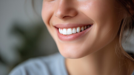 Young woman's smile closeup showing white teeth face not fully visible teeth whitening result bright smile cosmetic dentistry dental aesthetics perfect teeth oral beauty