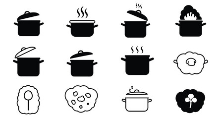 Collection of black and white cookware icons depicting pots pans and food