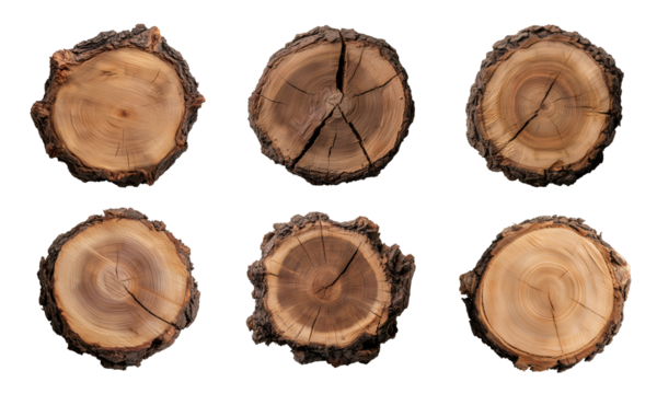 cross section of tree trunk, top view of a thick tree slice trunk with irregular edges and visible knots isolated on a transparent background	