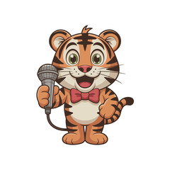 Charming tiger mascot with microphone ready for announcement, perfect for entertainment, events, and advertising campaigns