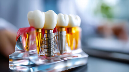Capped dental implant model showing all components no faces or hands visible implant parts crown cap abutment titanium post bone structure prosthetic components educational
