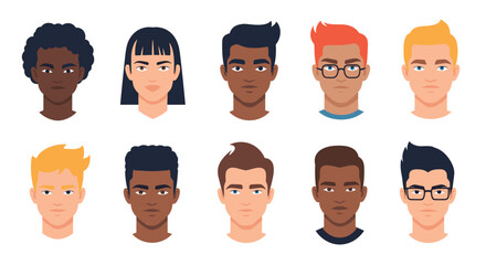 Diversity in Cartoon Faces: An array of ten diverse cartoon faces featuring varied ethnicities, hair styles, and facial features in a minimalist vector art style.