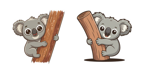 Adorable cartoon koalas hugging tree trunks bring charm to any project, perfect for kid's themes, playful designs, and heartwarming illustrations